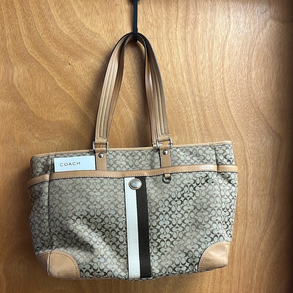 Coach Tan and Black Tote Bag with Signature Design